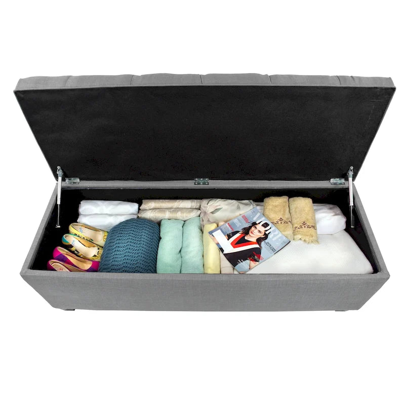 Diamond-Tufted Linen Storage Bench with Hydraulic Lid, 53 Inches Wide, 4 Color Options