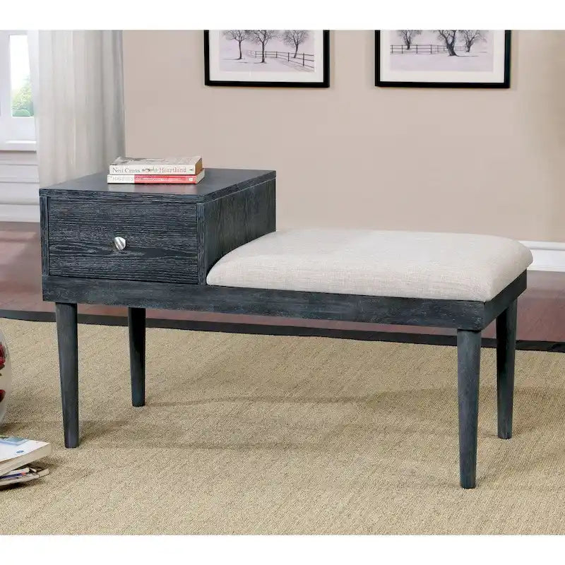 Grey Solid Wood Accent Bench with 1 Side Drawer and Foam Cushioned Seat, Weathered Finish