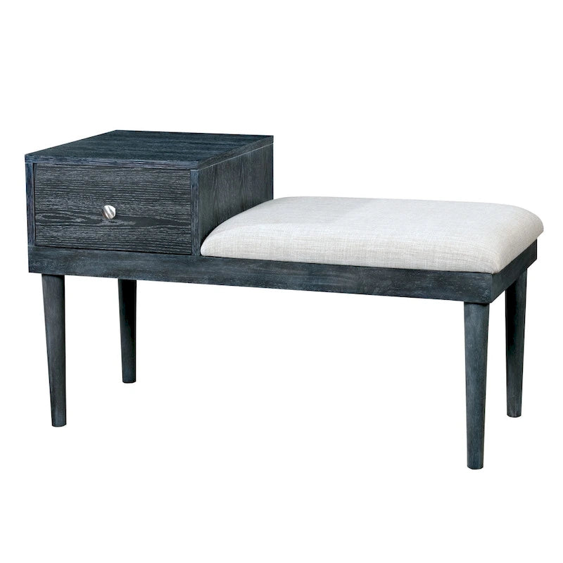 Grey Solid Wood Accent Bench with 1 Side Drawer and Foam Cushioned Seat, Weathered Finish