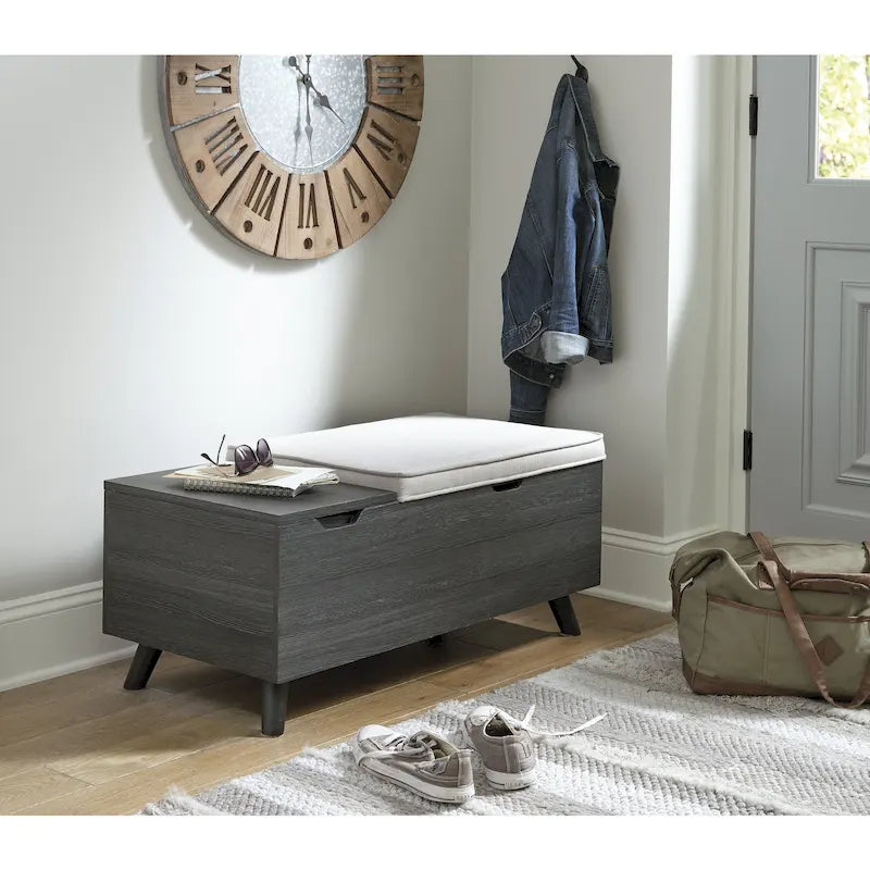 Grey Storage Bench with Removable Tops and Hidden Storage, Tapered Wood Legs