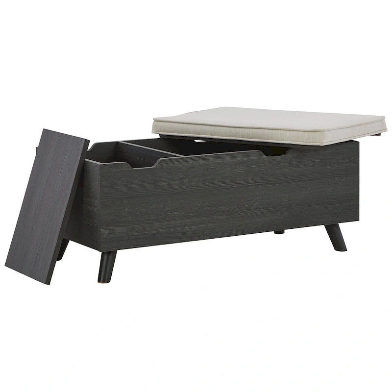 Grey Storage Bench with Removable Tops and Hidden Storage, Tapered Wood Legs