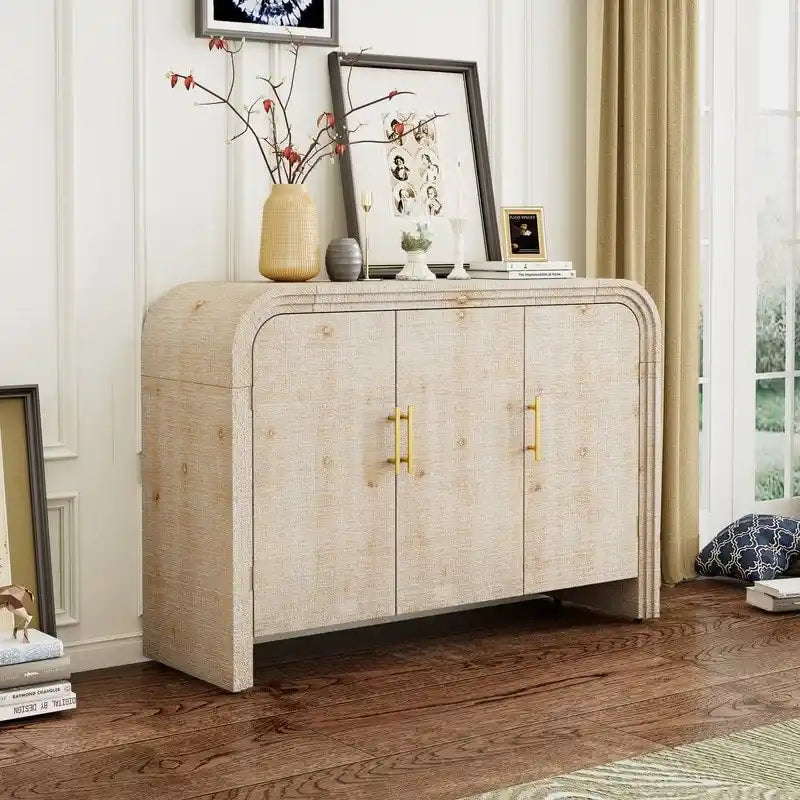 Curved Retro Sideboard with Gold Handles, Fir Veneer Finish and Adjustable Shelves