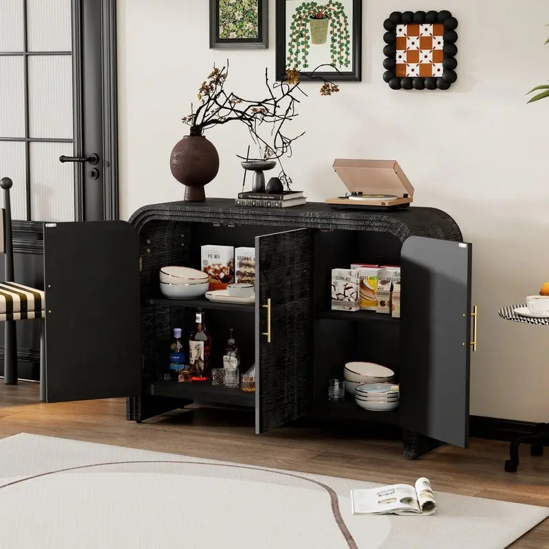 Curved Retro Sideboard with Gold Handles, Fir Veneer Finish and Adjustable Shelves