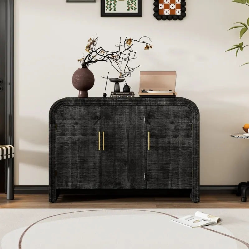 Curved Retro Sideboard with Gold Handles, Fir Veneer Finish and Adjustable Shelves