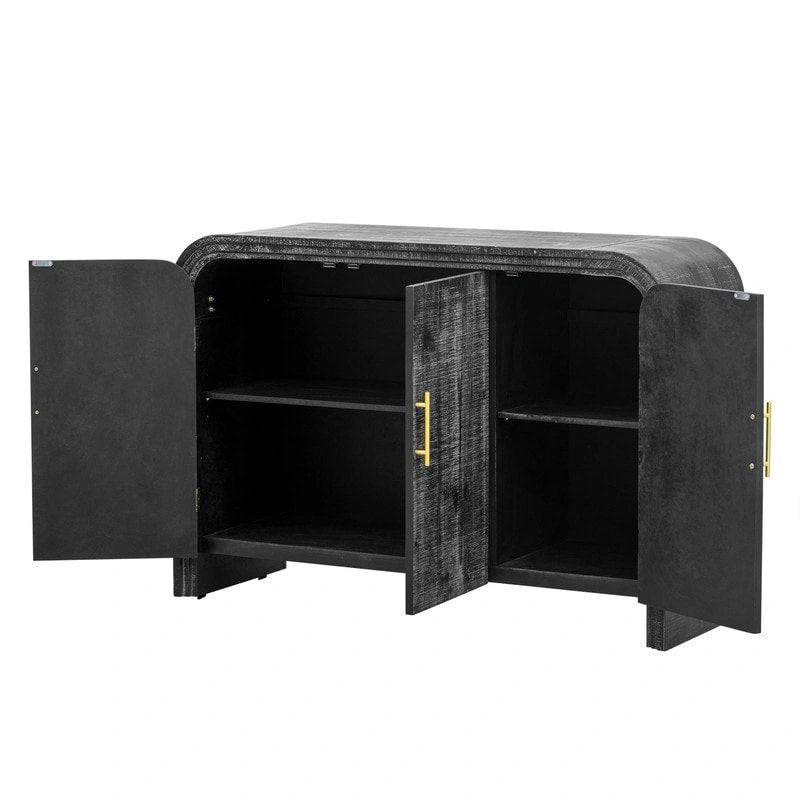 Curved Retro Sideboard with Gold Handles, Fir Veneer Finish and Adjustable Shelves