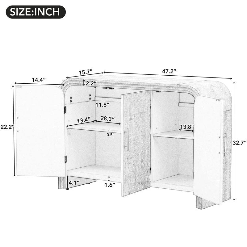 Curved Retro Sideboard with Gold Handles, Fir Veneer Finish and Adjustable Shelves
