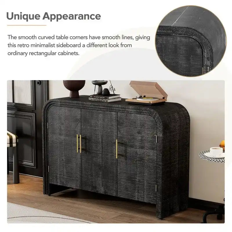 Curved Retro Sideboard with Gold Handles, Fir Veneer Finish and Adjustable Shelves