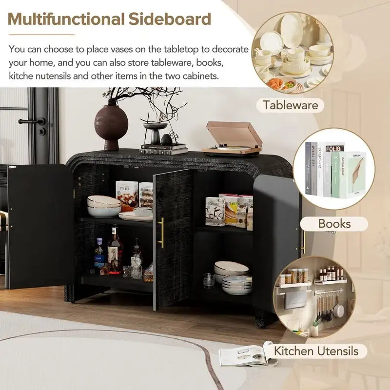 Curved Retro Sideboard with Gold Handles, Fir Veneer Finish and Adjustable Shelves