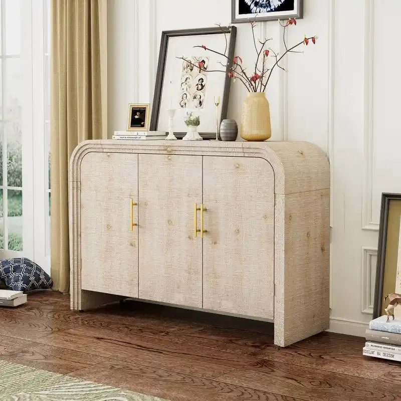 Curved Retro Sideboard with Gold Handles, Fir Veneer Finish and Adjustable Shelves