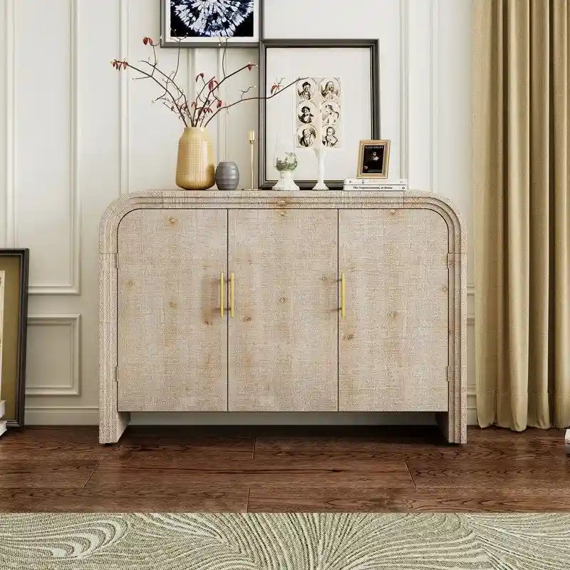 Curved Retro Sideboard with Gold Handles, Fir Veneer Finish and Adjustable Shelves