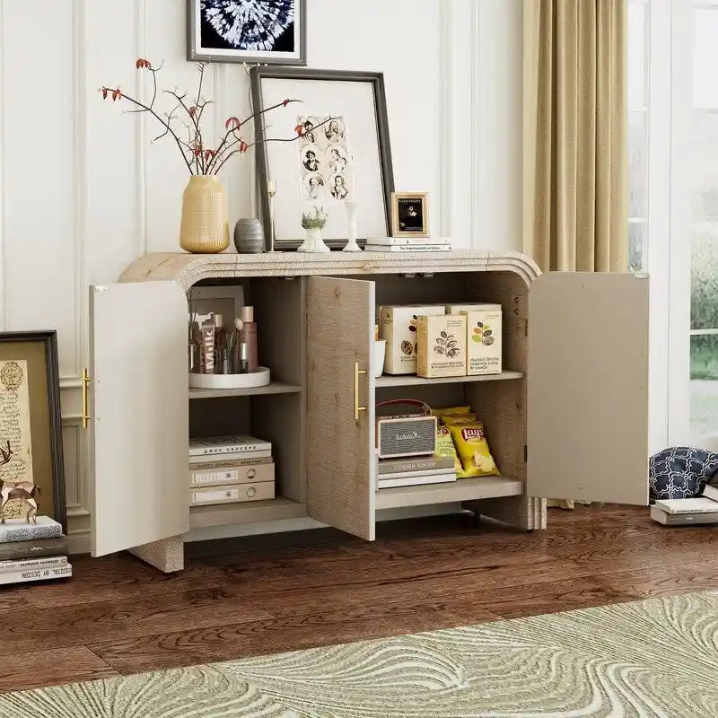 Curved Retro Sideboard with Gold Handles, Fir Veneer Finish and Adjustable Shelves