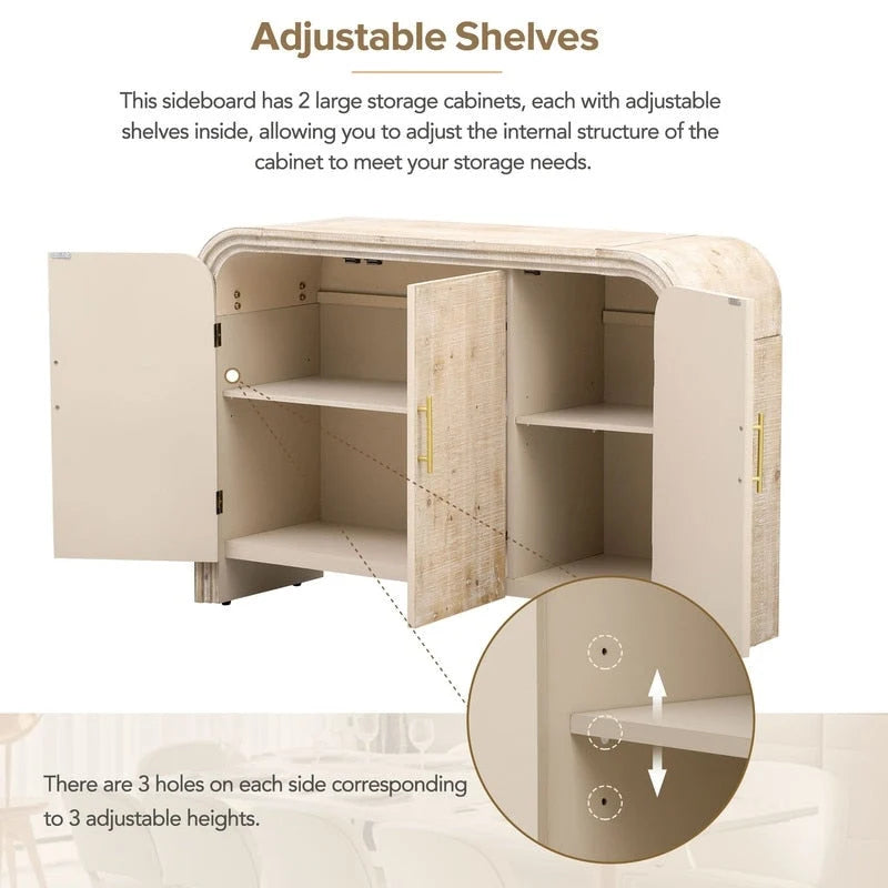 Curved Retro Sideboard with Gold Handles, Fir Veneer Finish and Adjustable Shelves