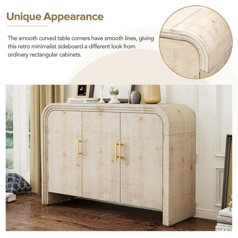 Curved Retro Sideboard with Gold Handles, Fir Veneer Finish and Adjustable Shelves