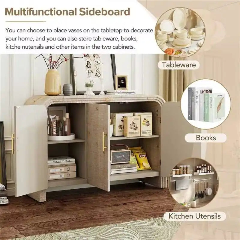 Curved Retro Sideboard with Gold Handles, Fir Veneer Finish and Adjustable Shelves
