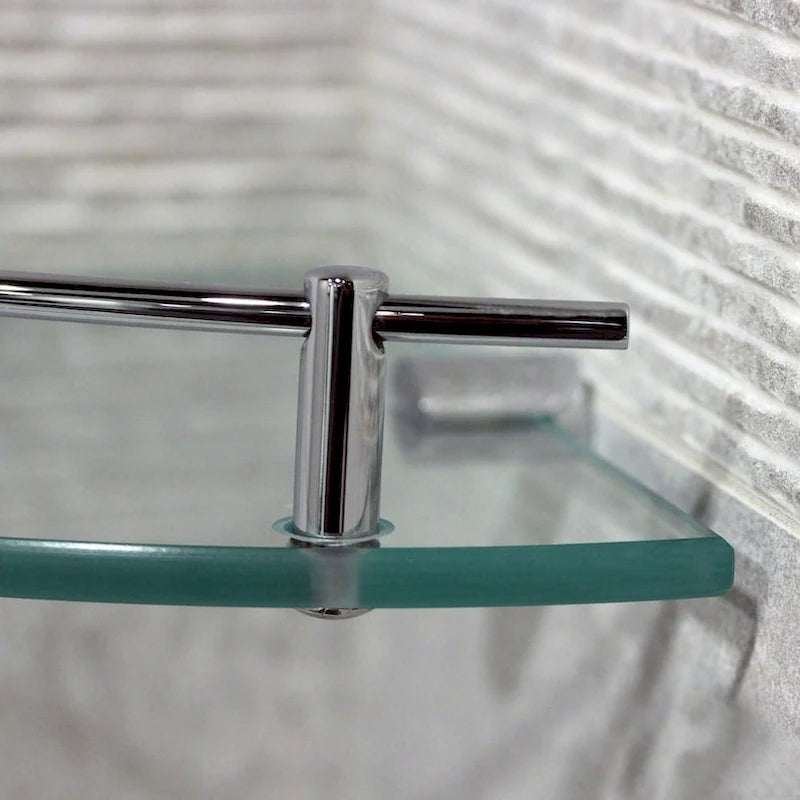 Glass Corner Shelf with Solid Brass Chrome Finish Railing