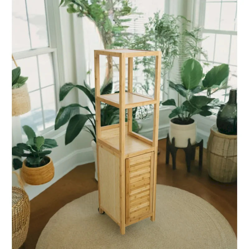 Solid Bamboo Bathroom Storage Tower Cabinet with 3 Open Shelves and Enclosed Cabinet