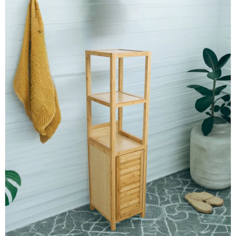 Solid Bamboo Bathroom Storage Tower Cabinet with 3 Open Shelves and Enclosed Cabinet