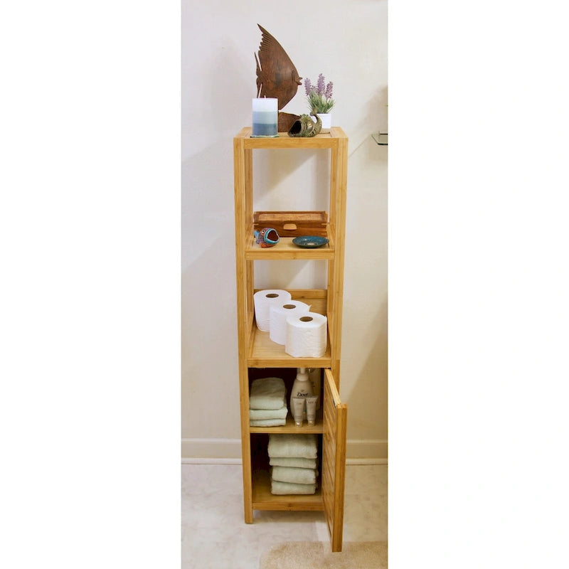 Solid Bamboo Bathroom Storage Tower Cabinet with 3 Open Shelves and Enclosed Cabinet
