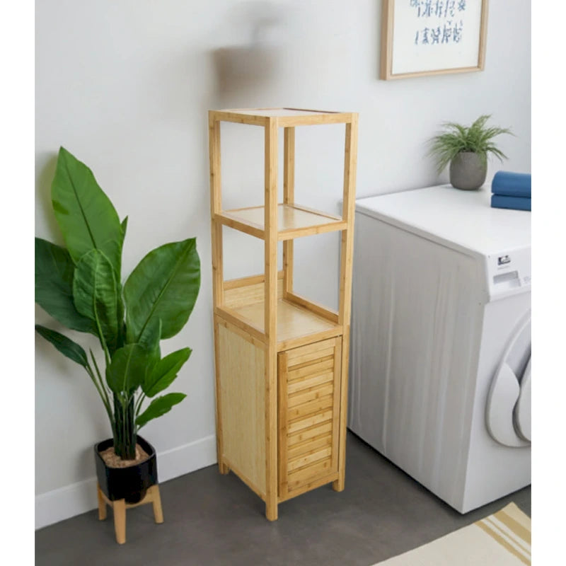 Solid Bamboo Bathroom Storage Tower Cabinet with 3 Open Shelves and Enclosed Cabinet