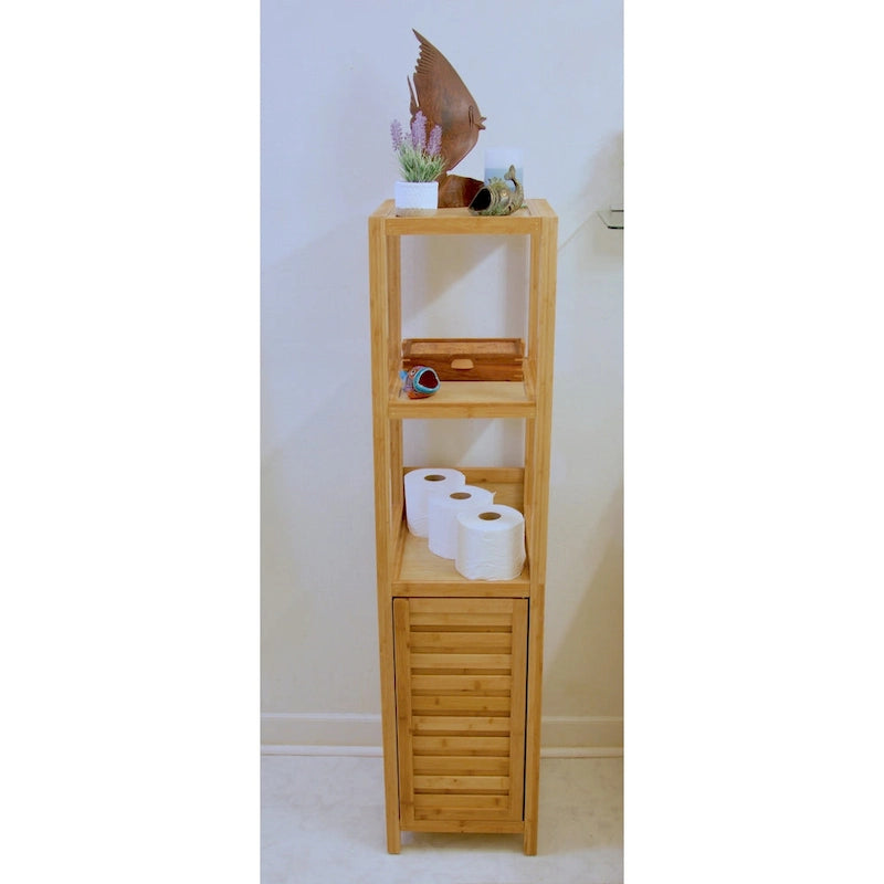 Solid Bamboo Bathroom Storage Tower Cabinet with 3 Open Shelves and Enclosed Cabinet