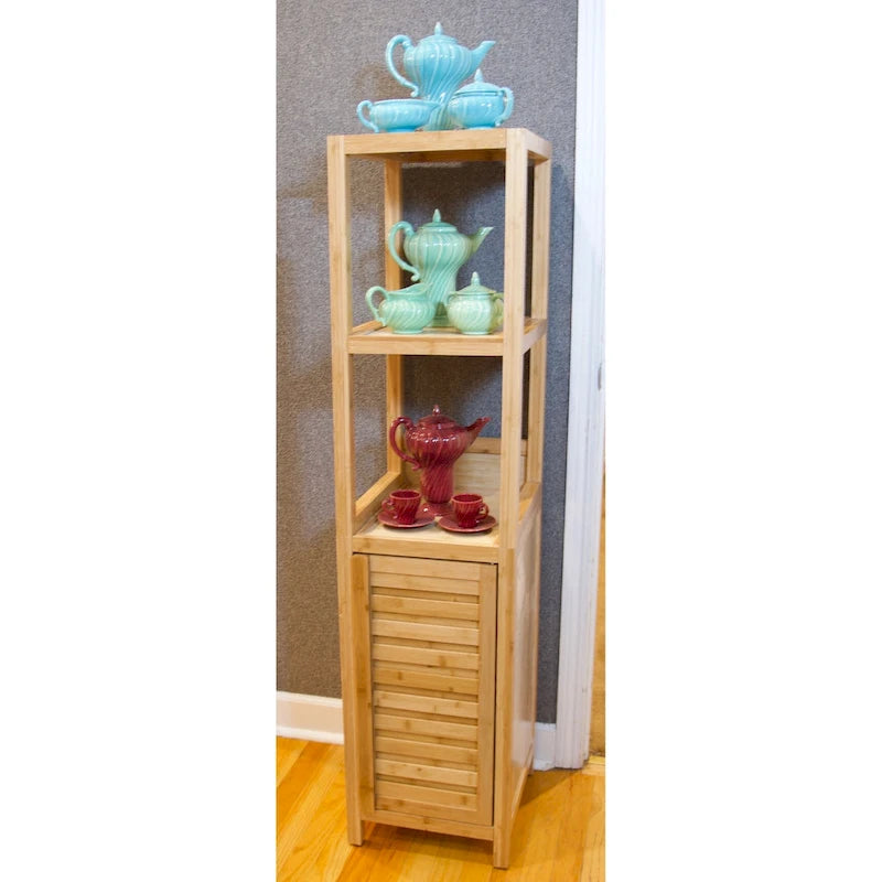 Solid Bamboo Bathroom Storage Tower Cabinet with 3 Open Shelves and Enclosed Cabinet