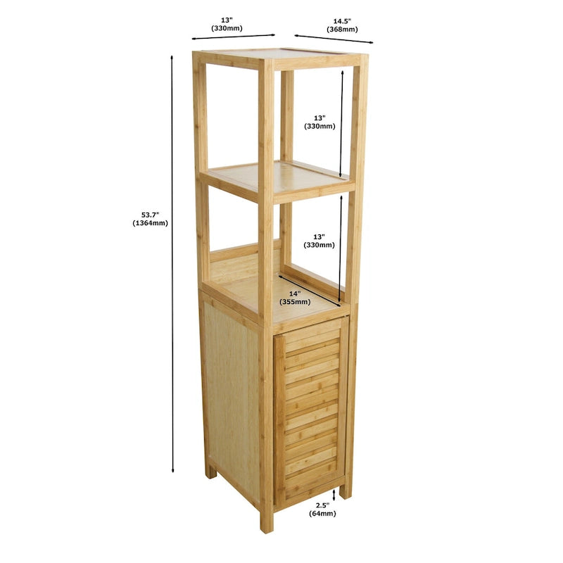 Solid Bamboo Bathroom Storage Tower Cabinet with 3 Open Shelves and Enclosed Cabinet