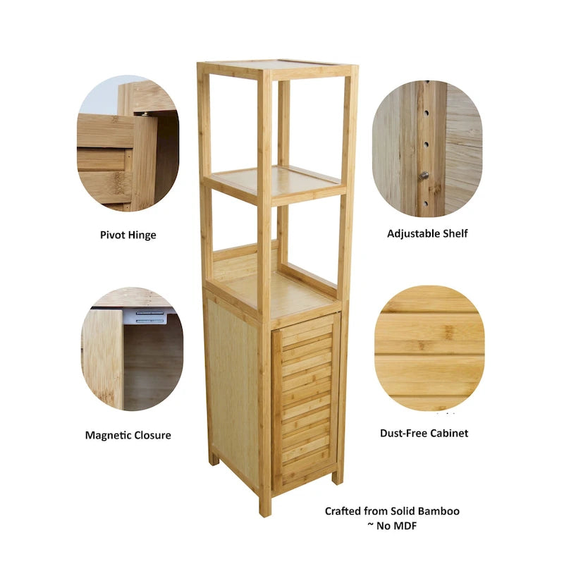 Solid Bamboo Bathroom Storage Tower Cabinet with 3 Open Shelves and Enclosed Cabinet
