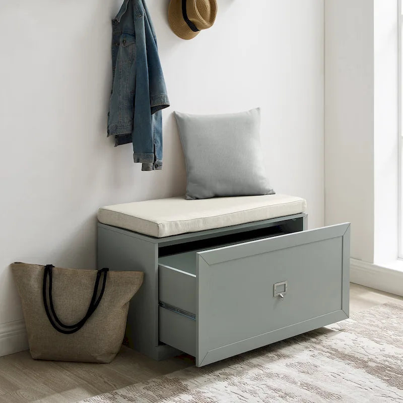 Grey Entryway Bench with Storage Drawer, Label Holder and Linen Seat Cushion
