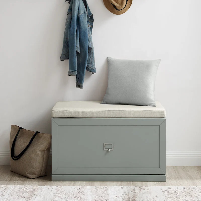 Grey Entryway Bench with Storage Drawer, Label Holder and Linen Seat Cushion