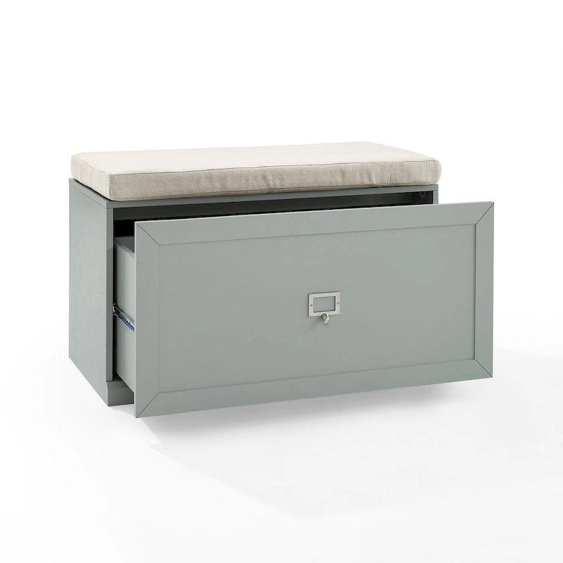 Grey Entryway Bench with Storage Drawer, Label Holder and Linen Seat Cushion