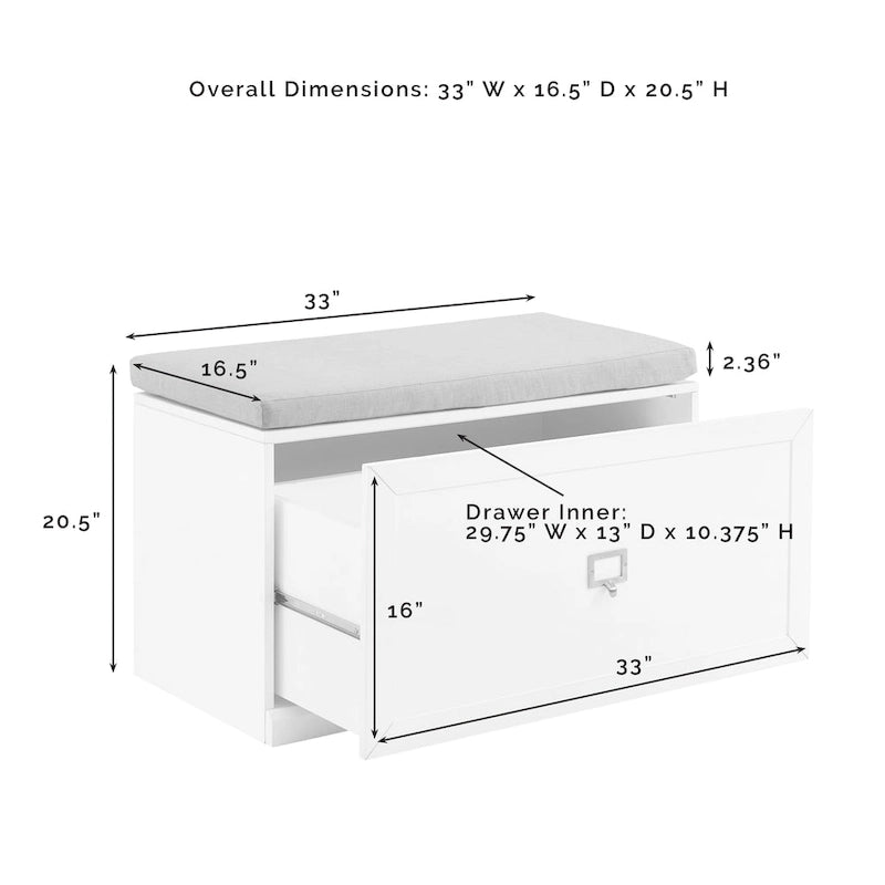 Grey Entryway Bench with Storage Drawer, Label Holder and Linen Seat Cushion