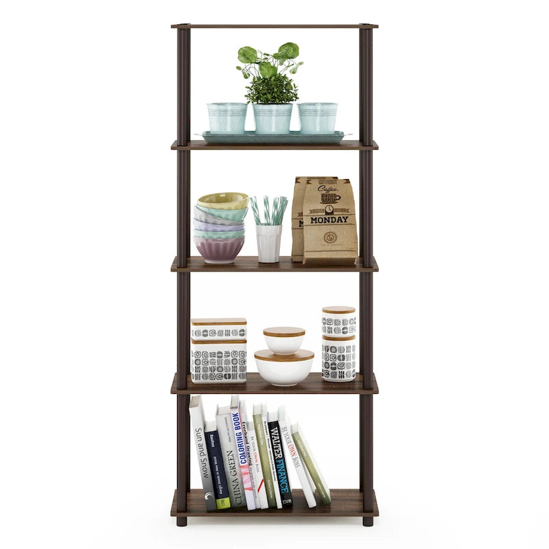 5-Tier Multipurpose Display Rack Shelf with Plastic Tubes and Wood Shelves