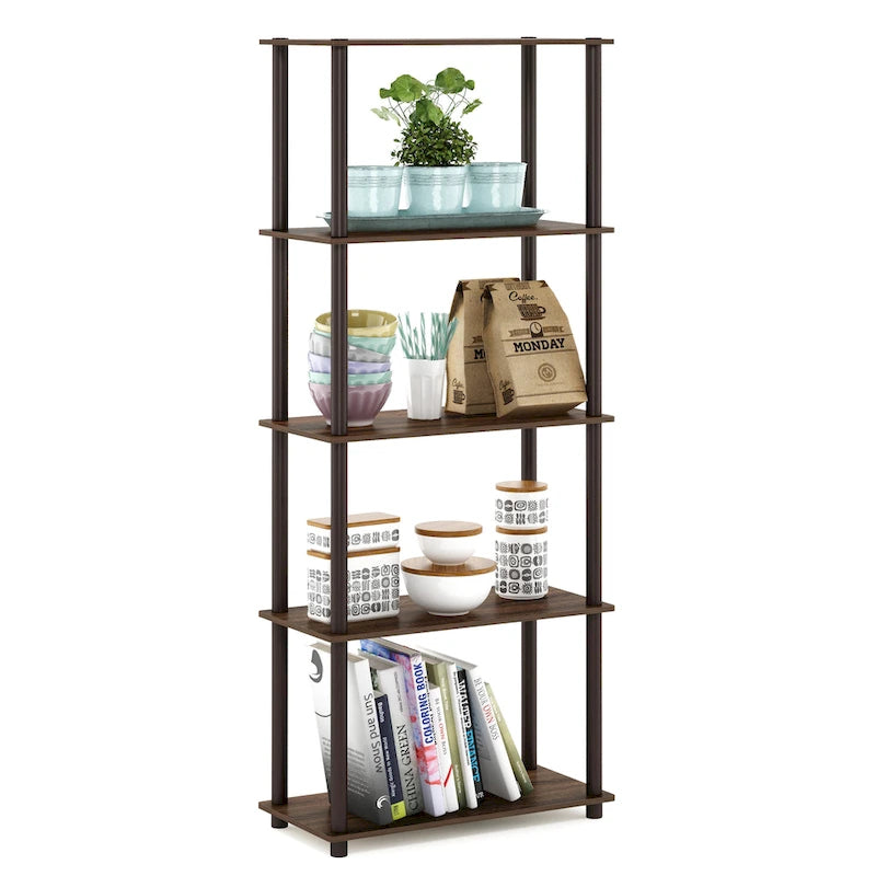 5-Tier Multipurpose Display Rack Shelf with Plastic Tubes and Wood Shelves