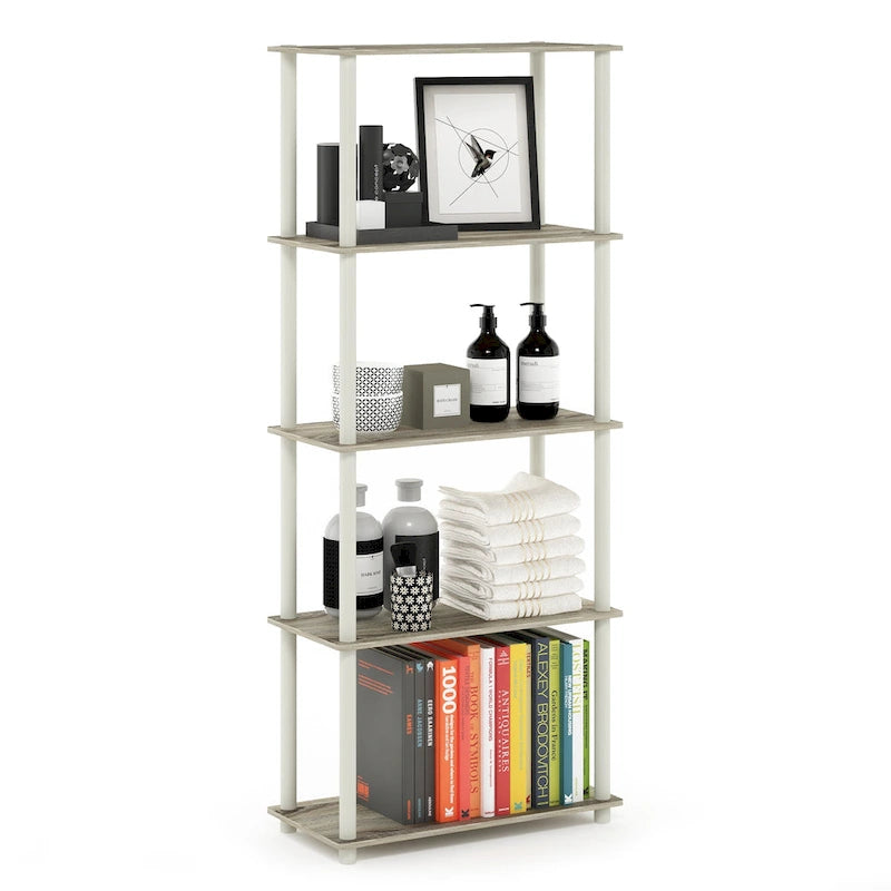 5-Tier Multipurpose Display Rack Shelf with Plastic Tubes and Wood Shelves