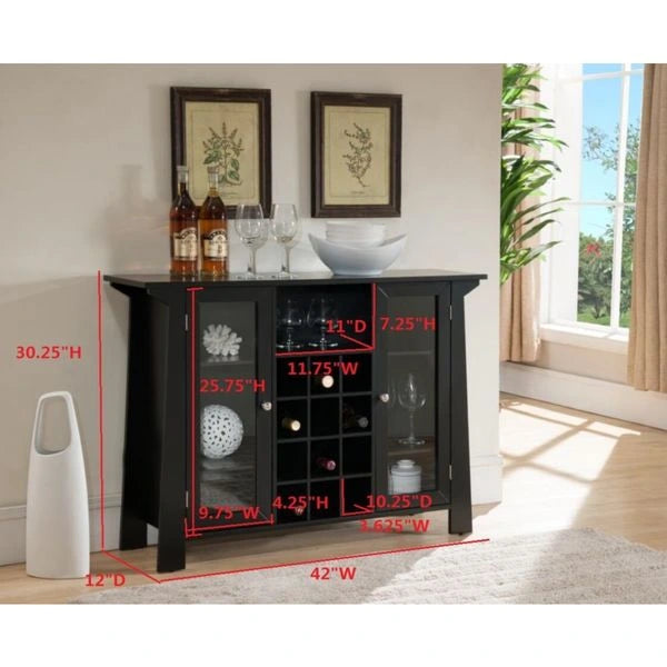 Black Wood Wine Cabinet with Open Rack for 12 Bottles and 2 Side Cabinets