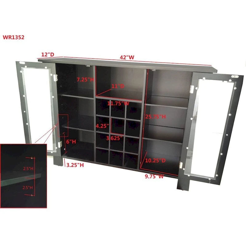 Black Wood Wine Cabinet with Open Rack for 12 Bottles and 2 Side Cabinets