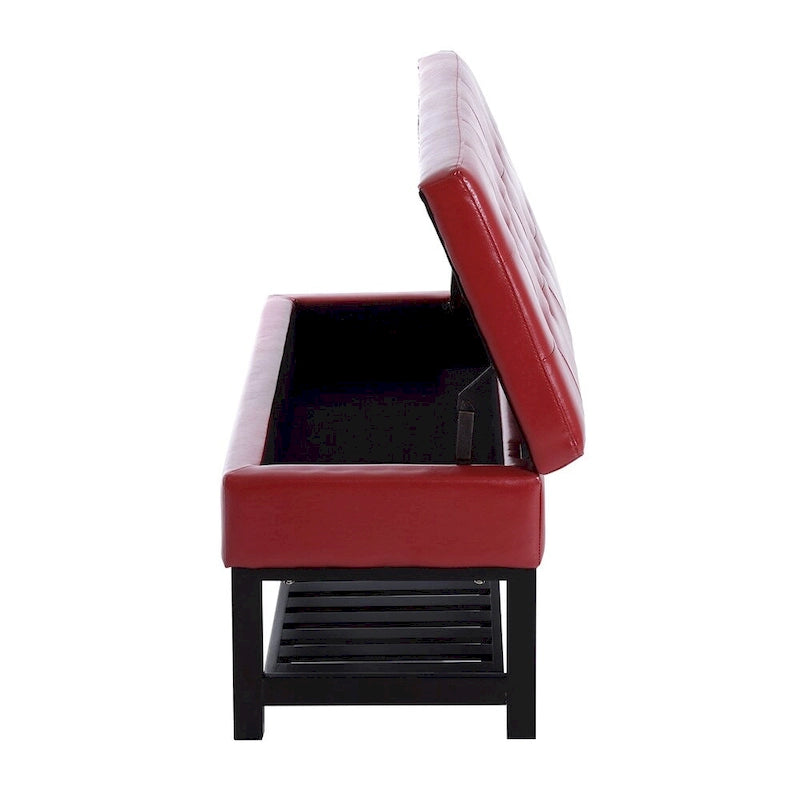 44-Inch Red Faux Leather Tufted Ottoman Storage Bench with Shoe Rack