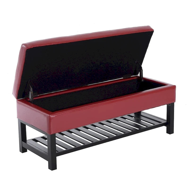 44-Inch Red Faux Leather Tufted Ottoman Storage Bench with Shoe Rack