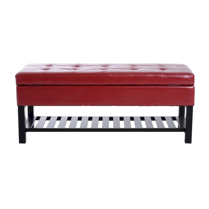 44-Inch Red Faux Leather Tufted Ottoman Storage Bench with Shoe Rack