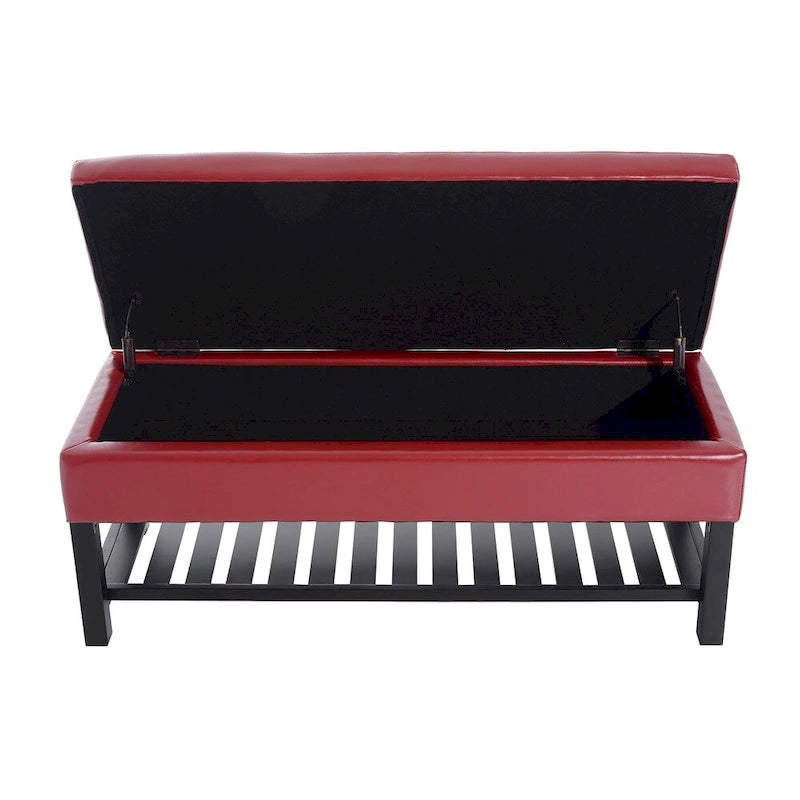 44-Inch Red Faux Leather Tufted Ottoman Storage Bench with Shoe Rack
