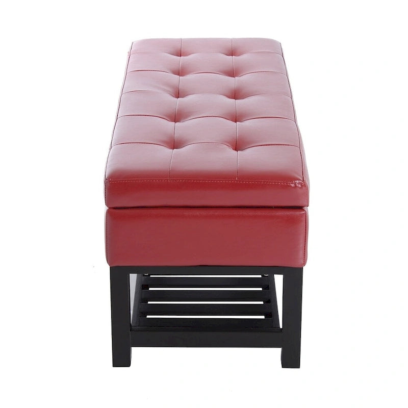 44-Inch Red Faux Leather Tufted Ottoman Storage Bench with Shoe Rack