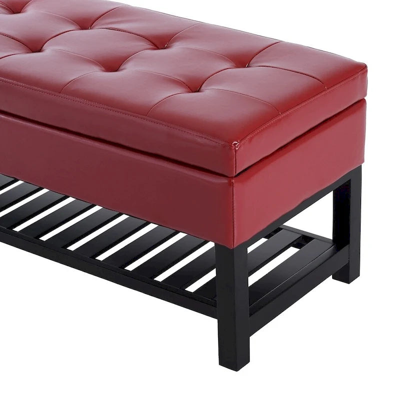 44-Inch Red Faux Leather Tufted Ottoman Storage Bench with Shoe Rack
