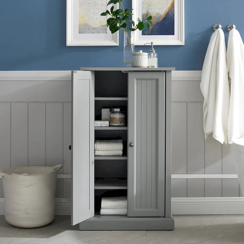 Coastal Accent Storage Cabinet with Double Doors, Adjustable Shelves and Gold Metal Hardware