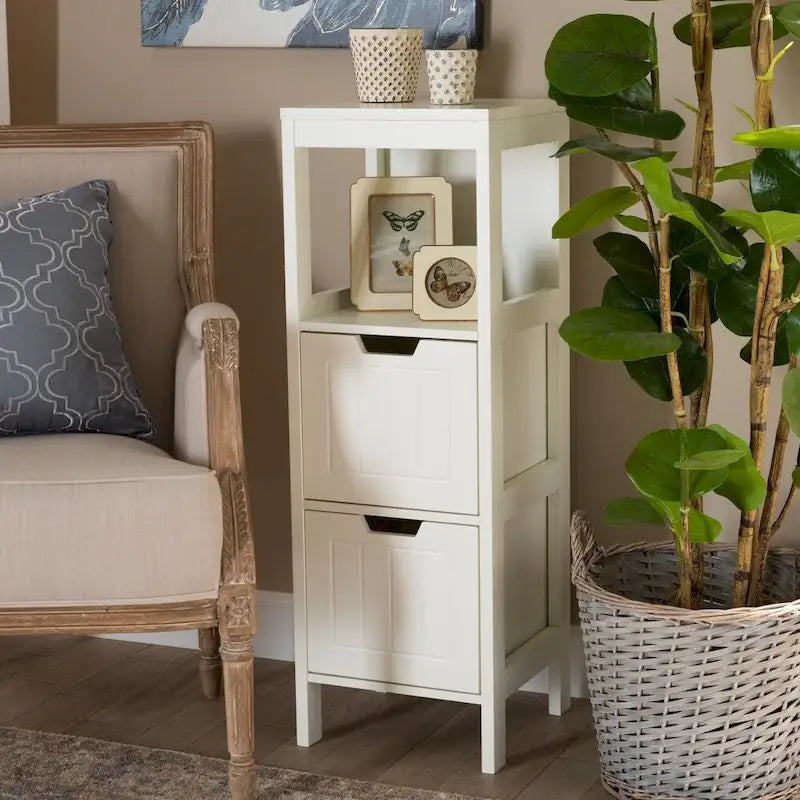 White Farmhouse 2-Drawer Storage Cabinet with Open Shelf for Entryway
