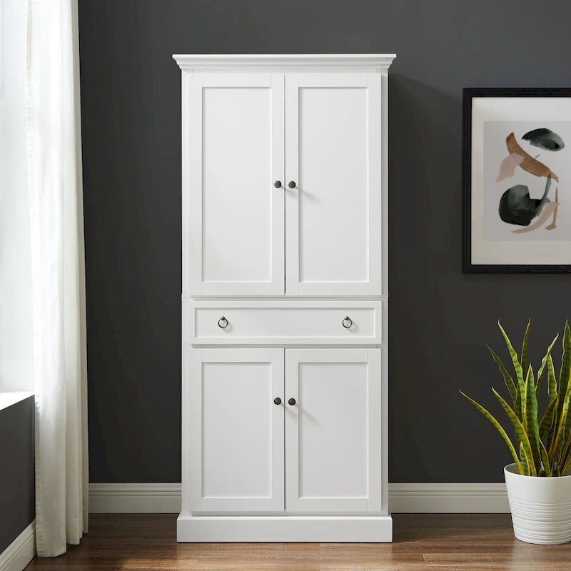 White Kitchen Storage Pantry Cabinet with 2 Large Doors, Adjustable Shelves and Center Drawer