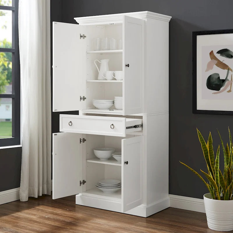 White Kitchen Storage Pantry Cabinet with 2 Large Doors, Adjustable Shelves and Center Drawer