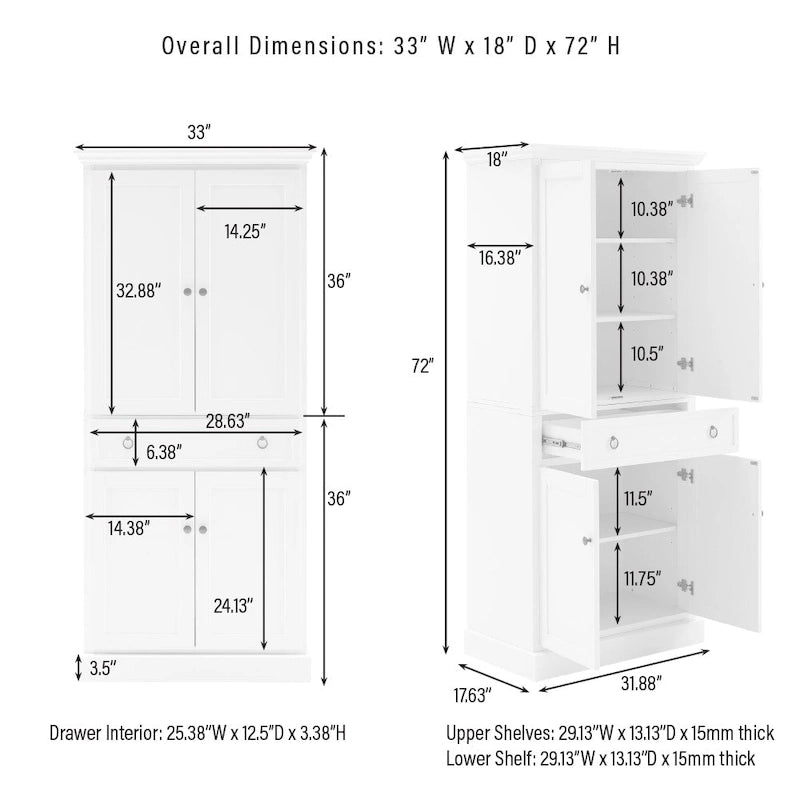 White Kitchen Storage Pantry Cabinet with 2 Large Doors, Adjustable Shelves and Center Drawer