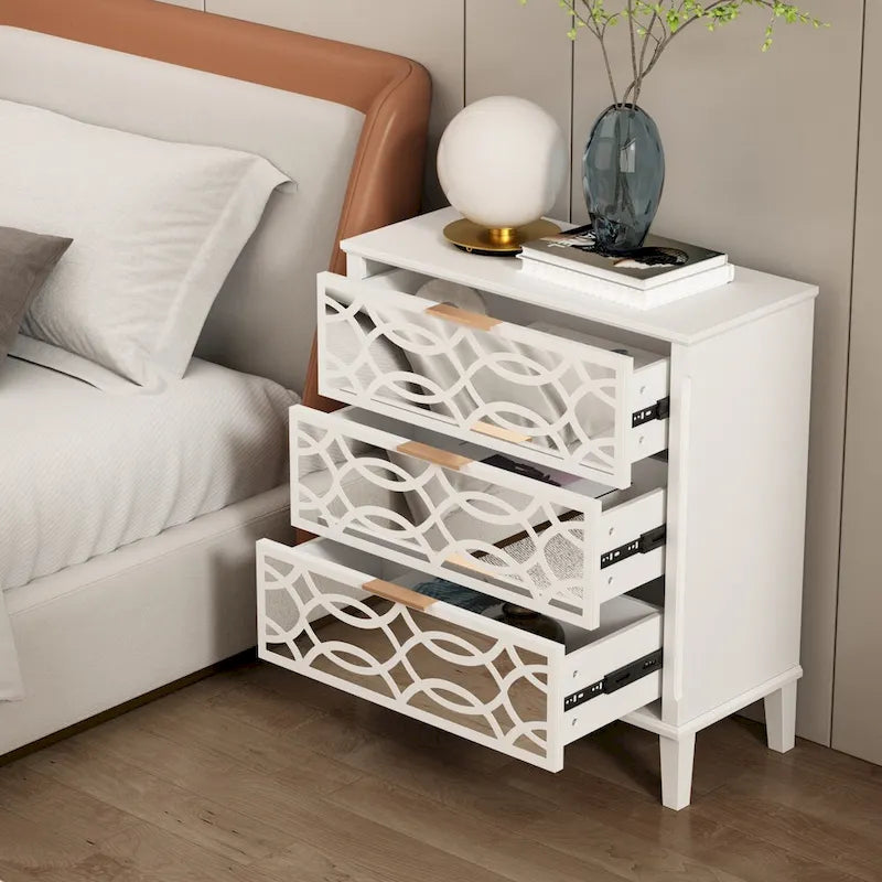 3-Drawer Mirrored Dresser Chest Nightstand in White and Gold