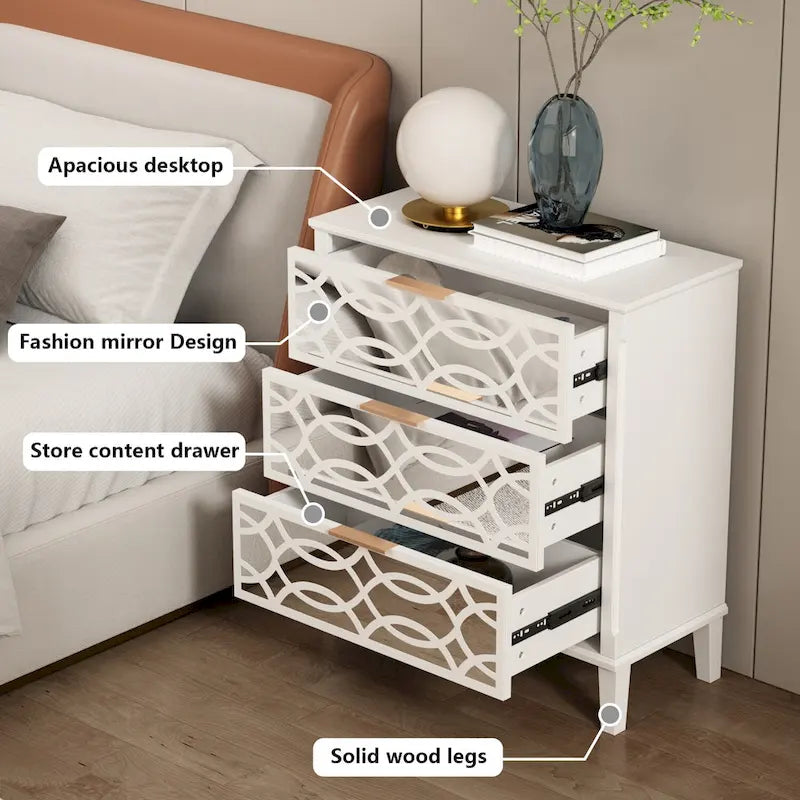 3-Drawer Mirrored Dresser Chest Nightstand in White and Gold
