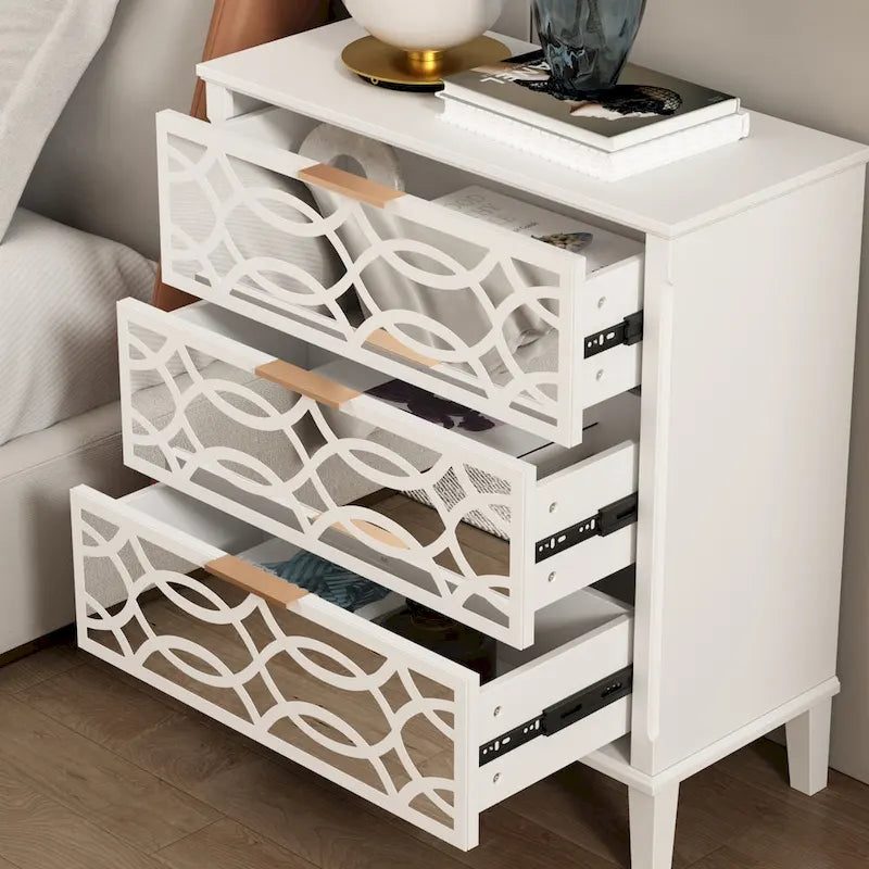 3-Drawer Mirrored Dresser Chest Nightstand in White and Gold